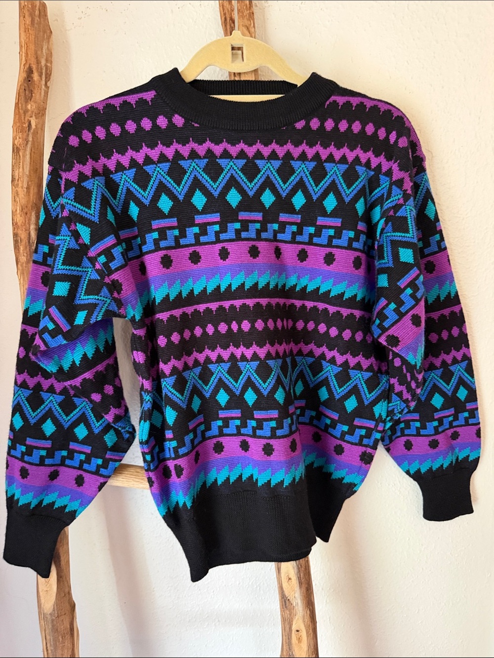 Vintage 80s Savoie Crewneck Sweater - Black with Purple & Teal Ski Wool Blend M